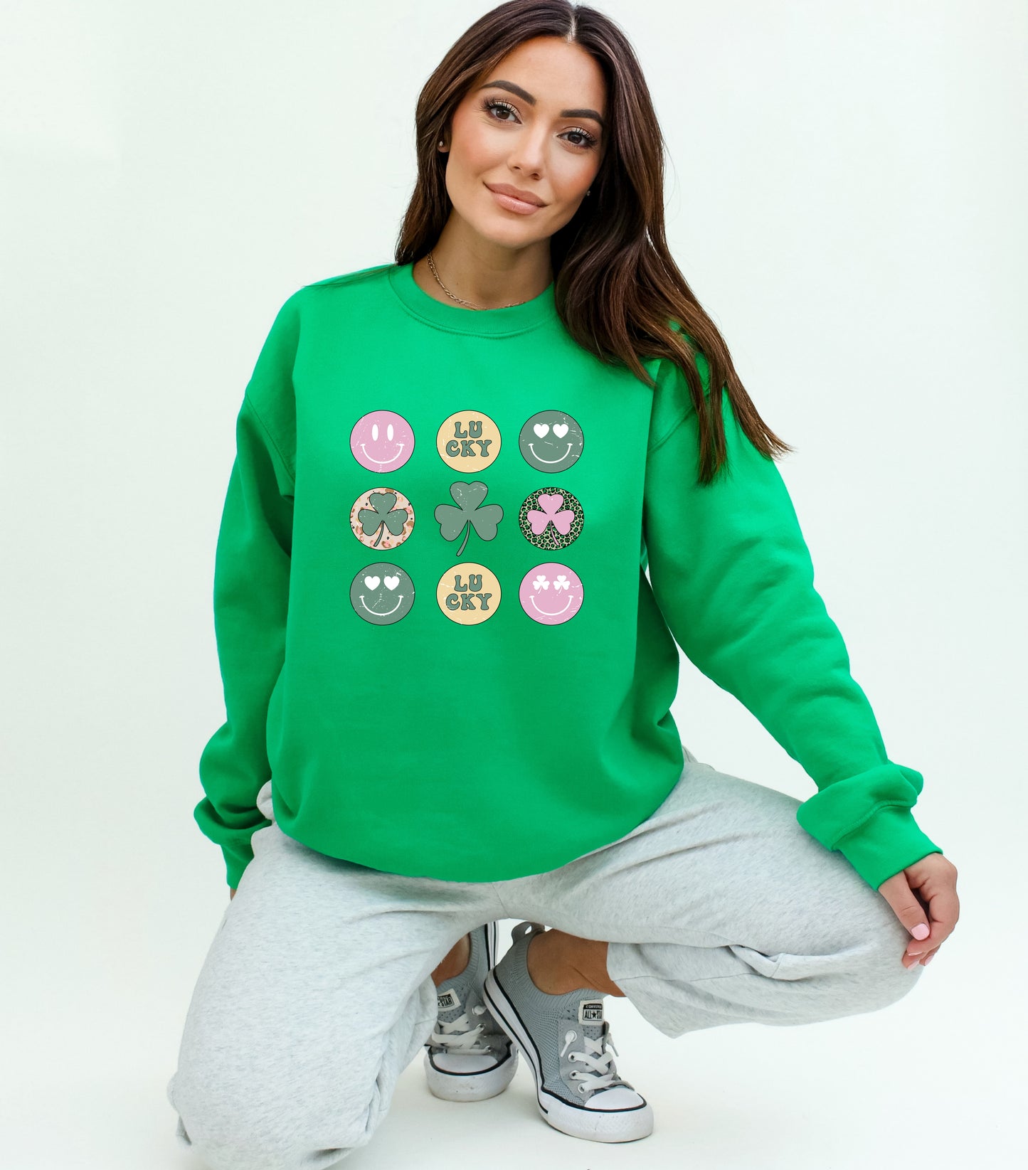 St. Patrick's Day Sweatshirt / Groovy Smiley design sweatshirt / shamrock design sweatshirt crewneck