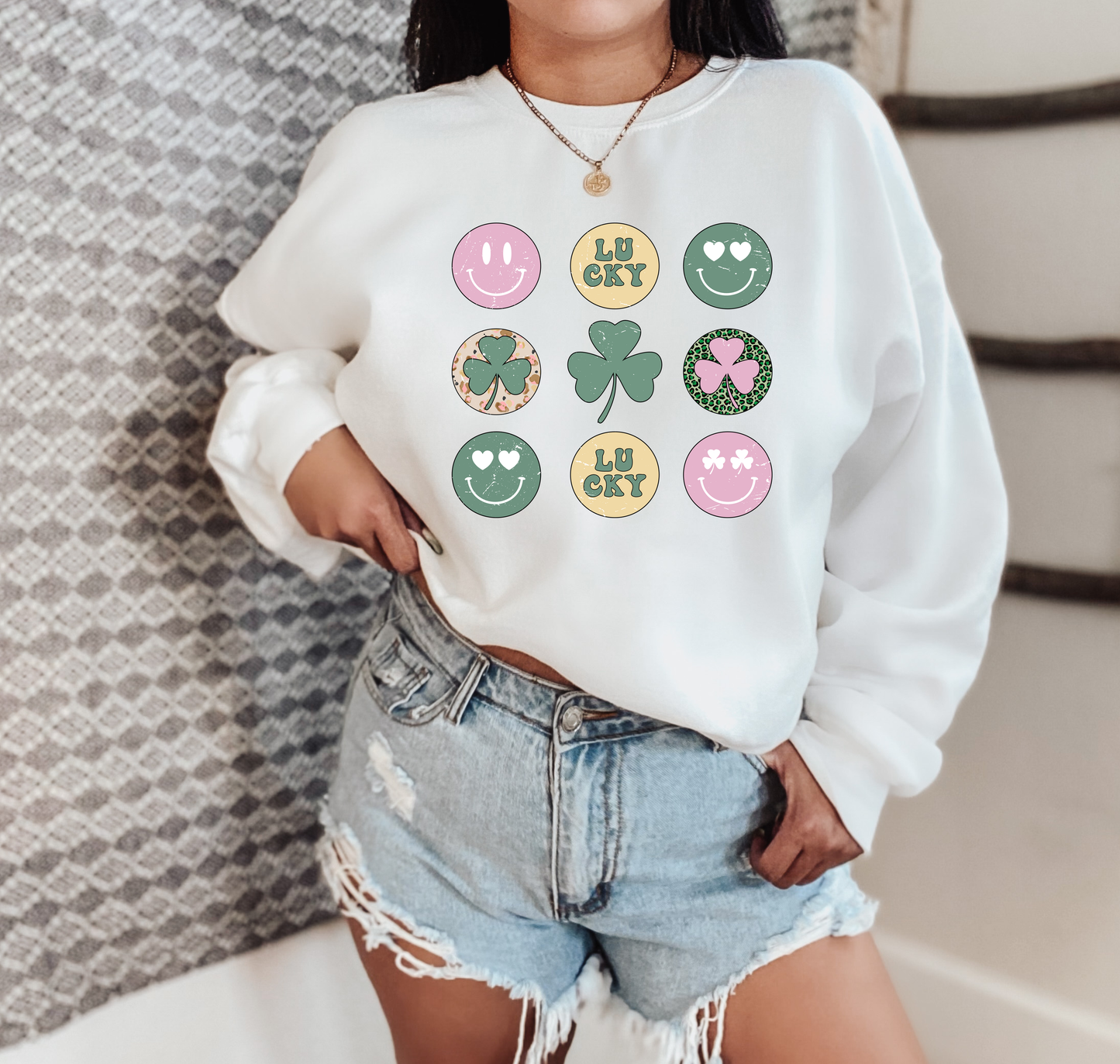 St. Patrick's Day Sweatshirt / Groovy Smiley design sweatshirt / shamrock design sweatshirt crewneck