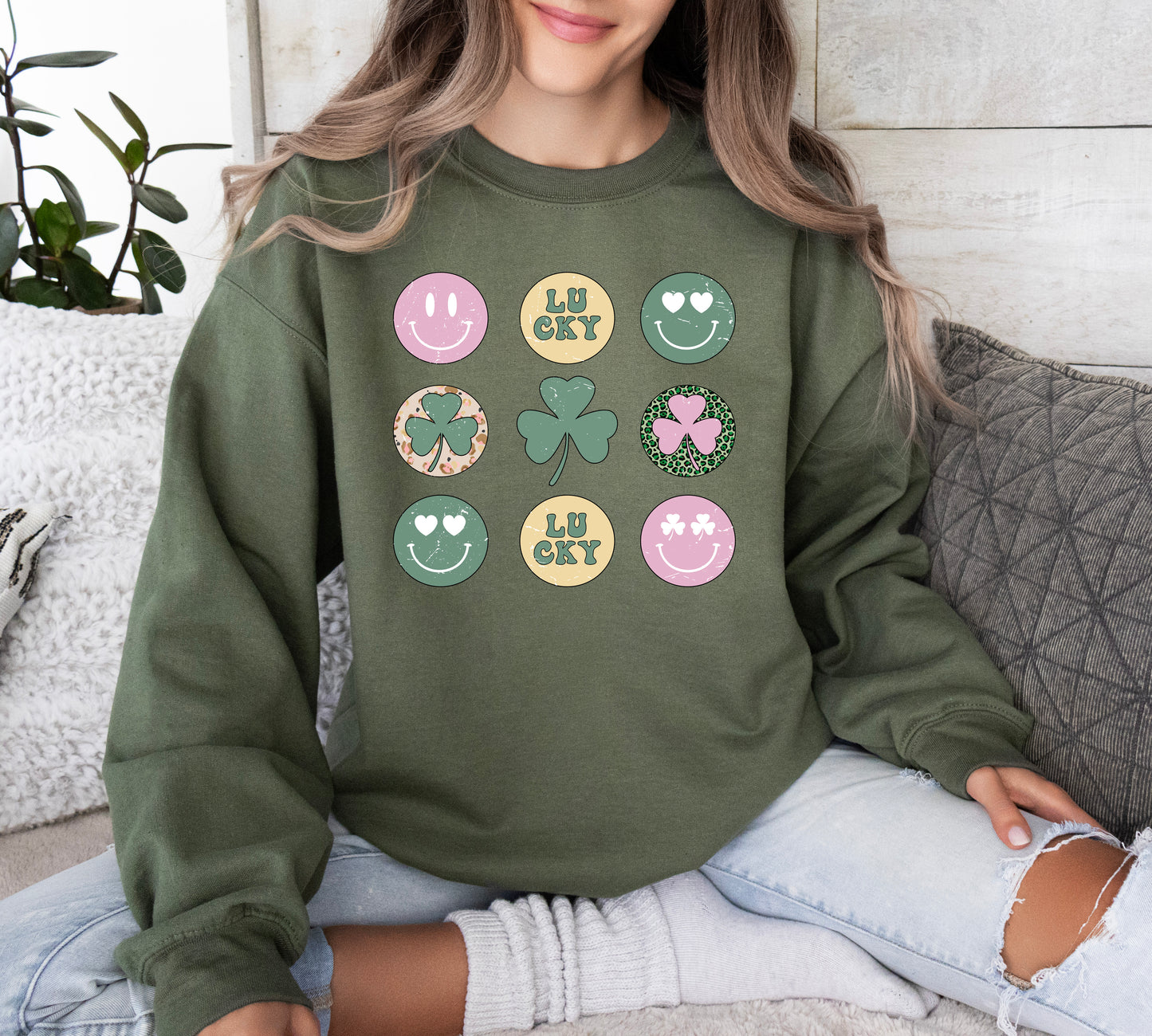St. Patrick's Day Sweatshirt / Groovy Smiley design sweatshirt / shamrock design sweatshirt crewneck