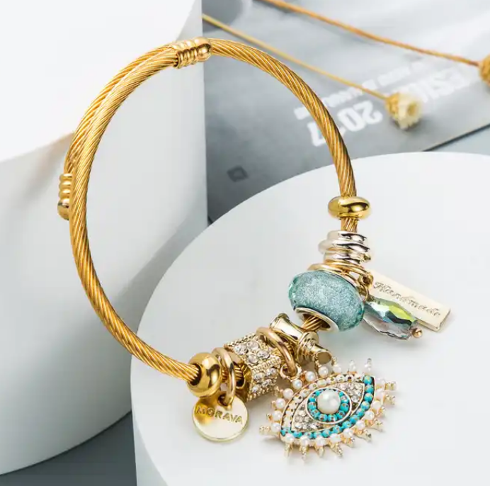 Evil Eye stretch 18k gold charm bracelet / Multiple Colors available