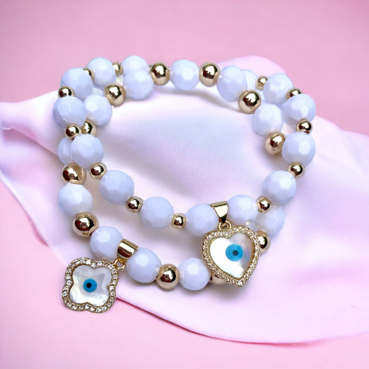 White and Gold beaded mother of pearl charm bracelet