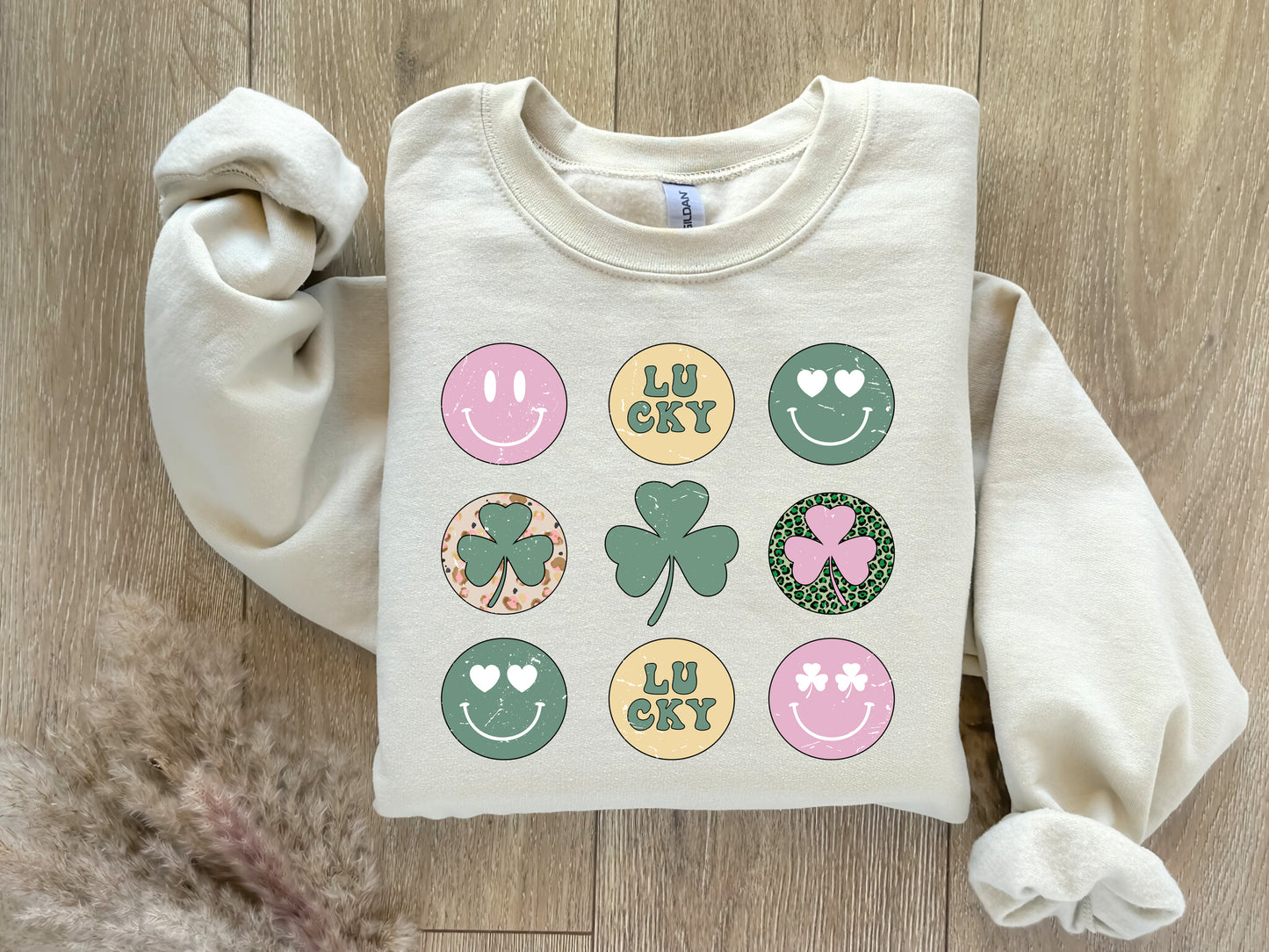 St. Patrick's Day Sweatshirt /  Groovy Smiley design sweatshirt / shamrock design sweatshirt crewneck