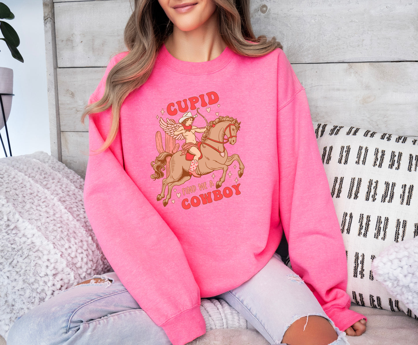 Valentine's Day Sweatshirt / Cupid Bring me a Cowboy distressed design / crewneck