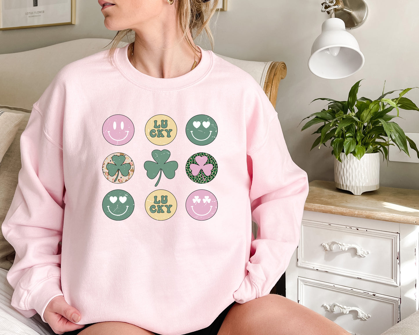 St. Patrick's Day Sweatshirt /  Groovy Smiley design sweatshirt / shamrock design sweatshirt crewneck