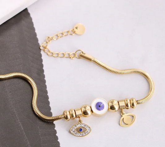 Evil Eye Rope Clasp Bracelet with Purple Accent charms
